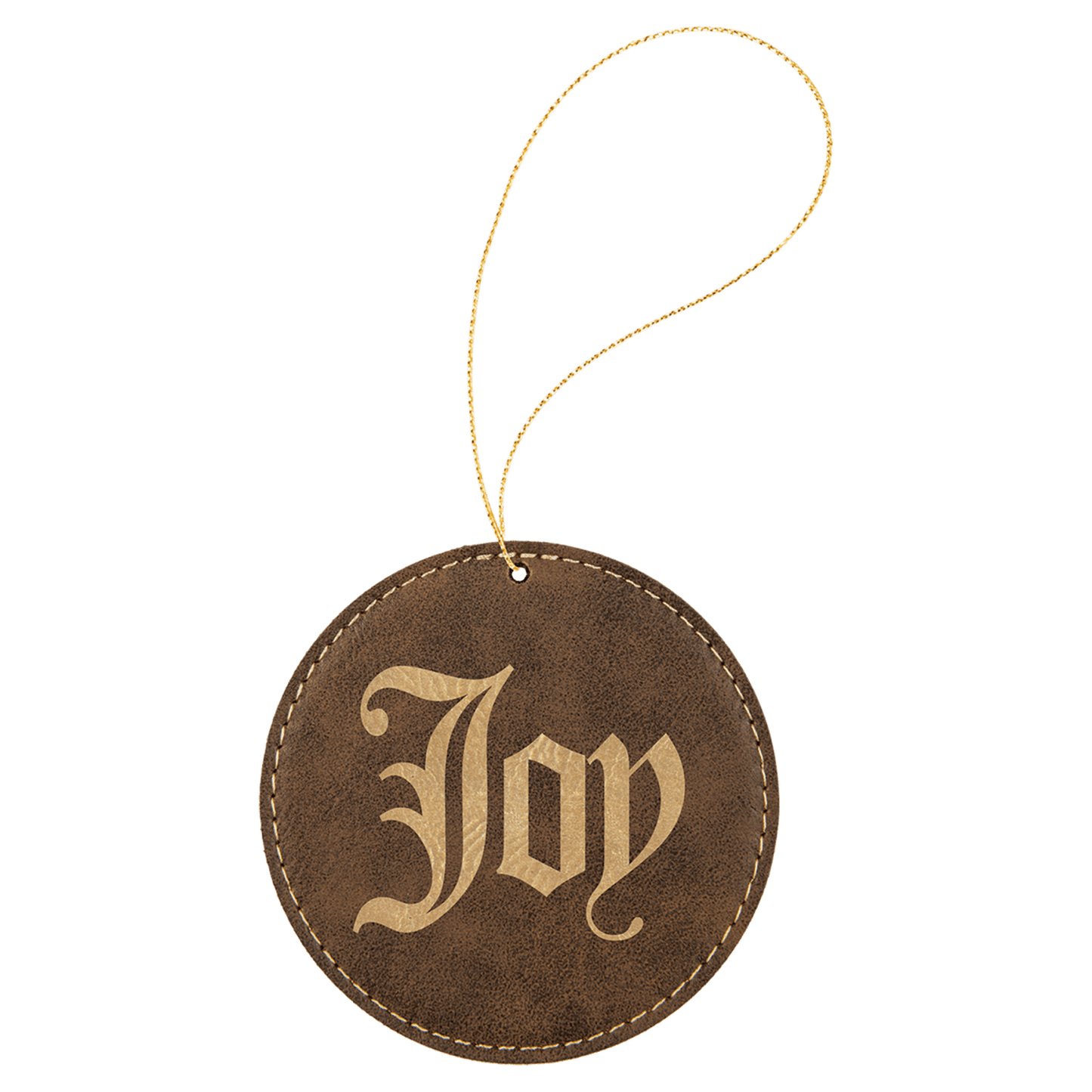 Rustic Gold leatherette round ornament, 3.75 inches, with gold hanging string