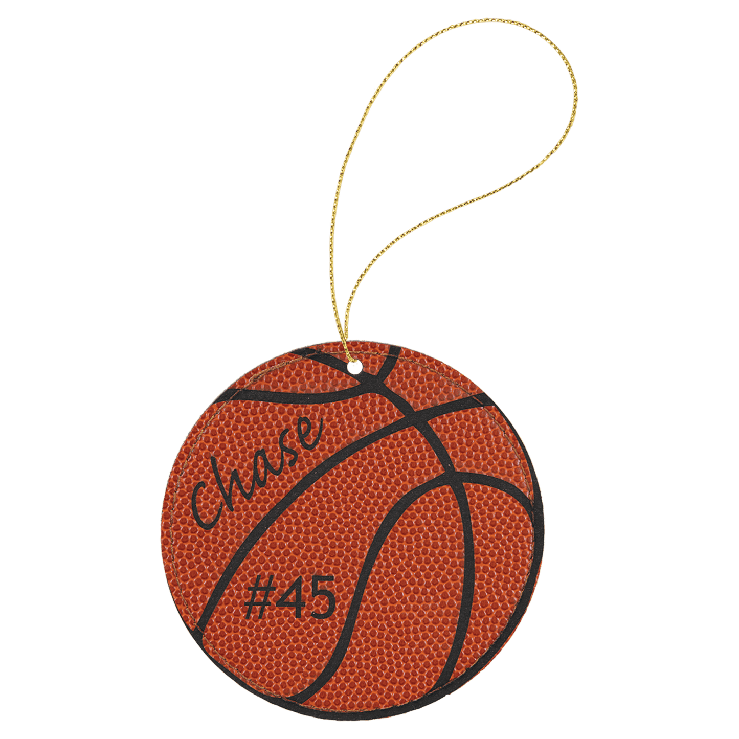 Leatherette basketball ornament, 3.75 inches round, with gold hanging string