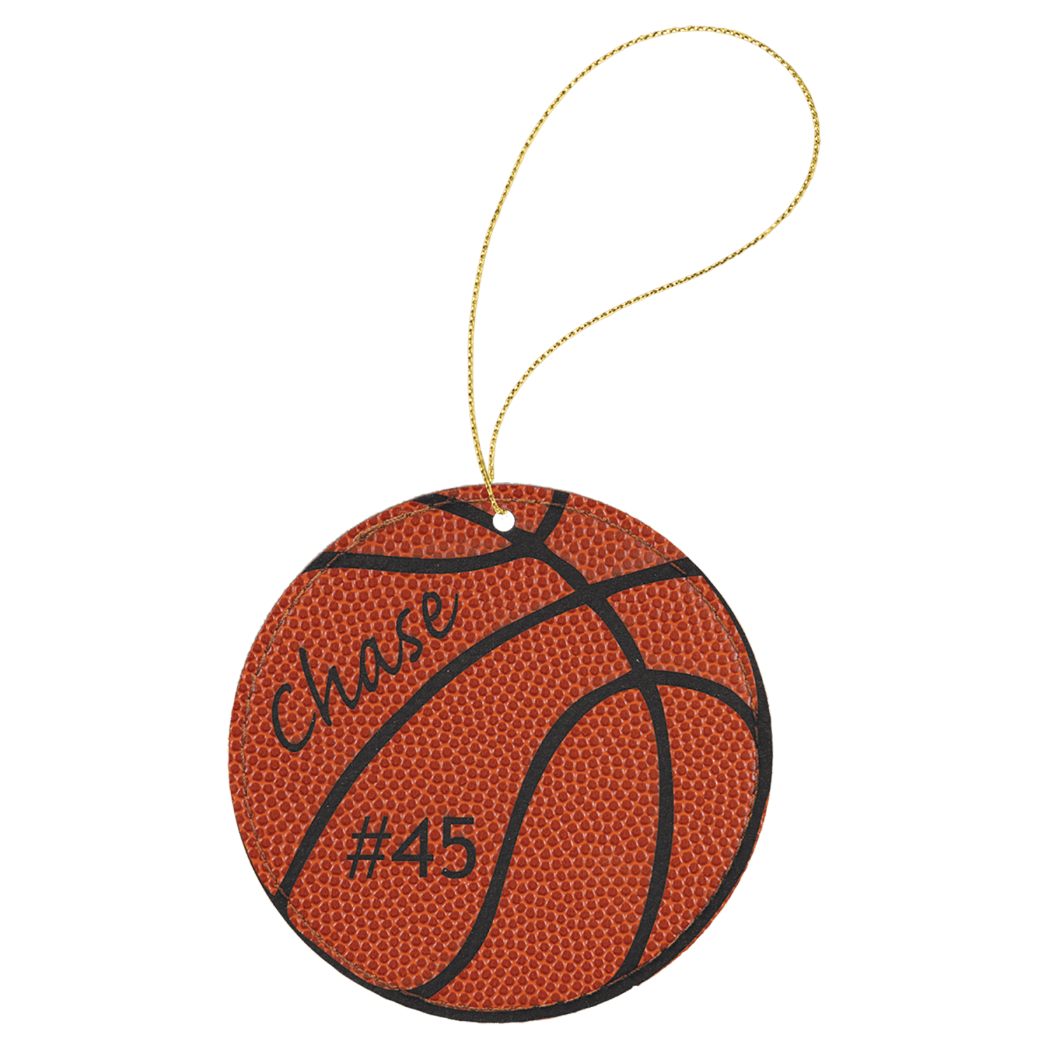 Leatherette basketball ornament, 3.75 inches round, with gold hanging string