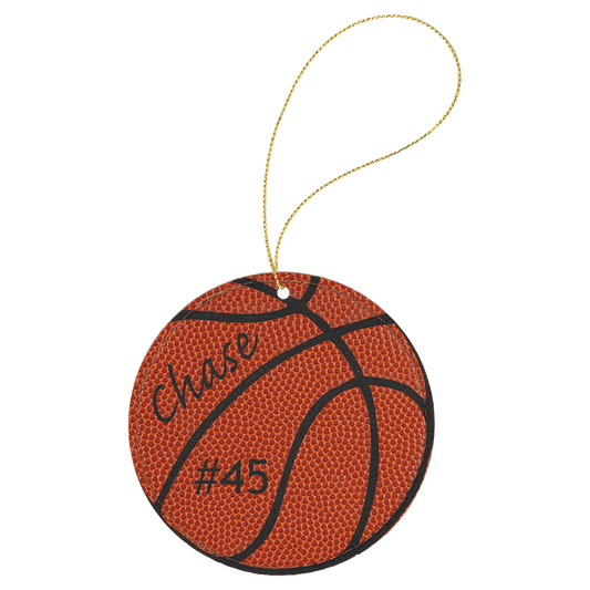 Leatherette basketball ornament, 3.75 inches round, with gold hanging string