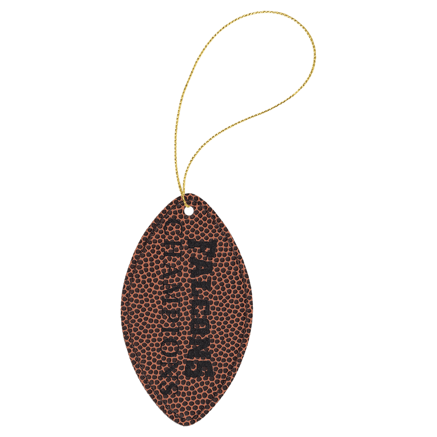 Leatherette football ornament, 3.5 by 2 inches, with gold hanging string