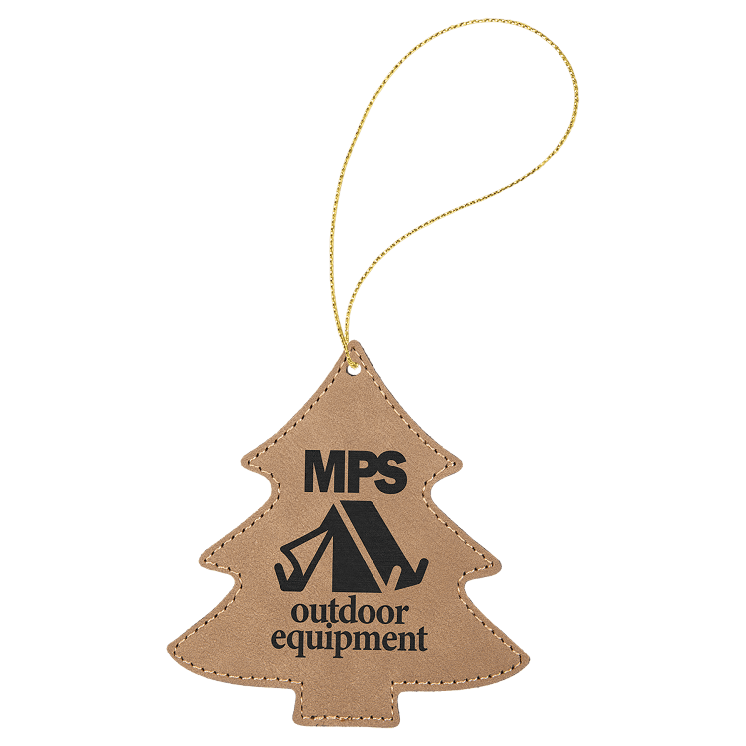 Light Brown leatherette Christmas tree ornament, 4 by 4.25 inches, with gold hanging string
