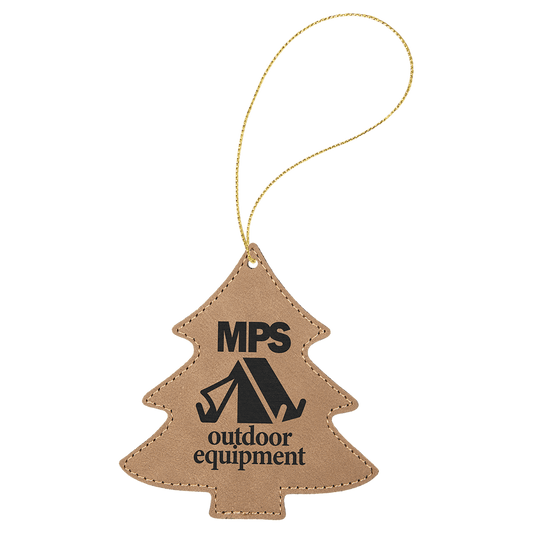Light Brown leatherette Christmas tree ornament, 4 by 4.25 inches, with gold hanging string