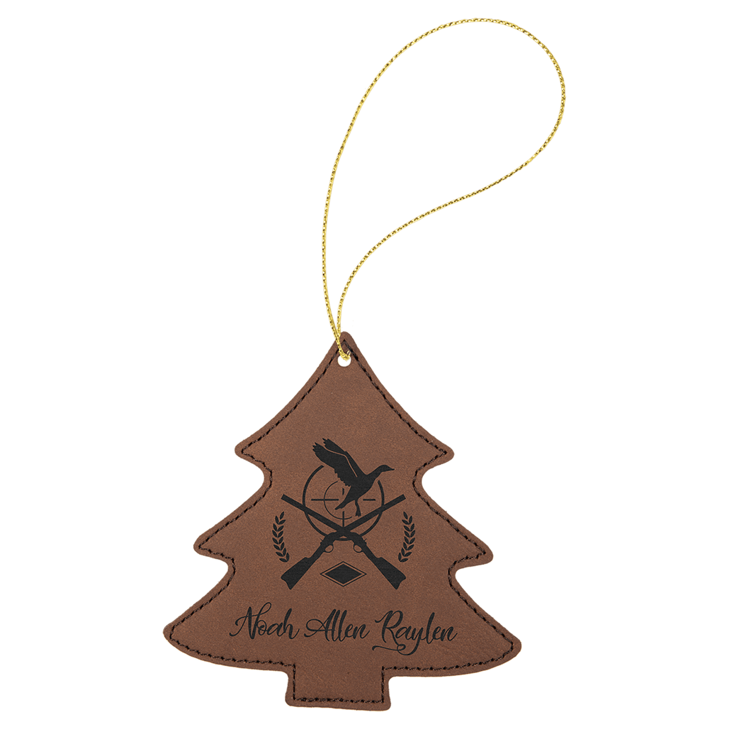 Dark Brown leatherette Christmas tree ornament, 4 by 4.25 inches, with gold hanging string