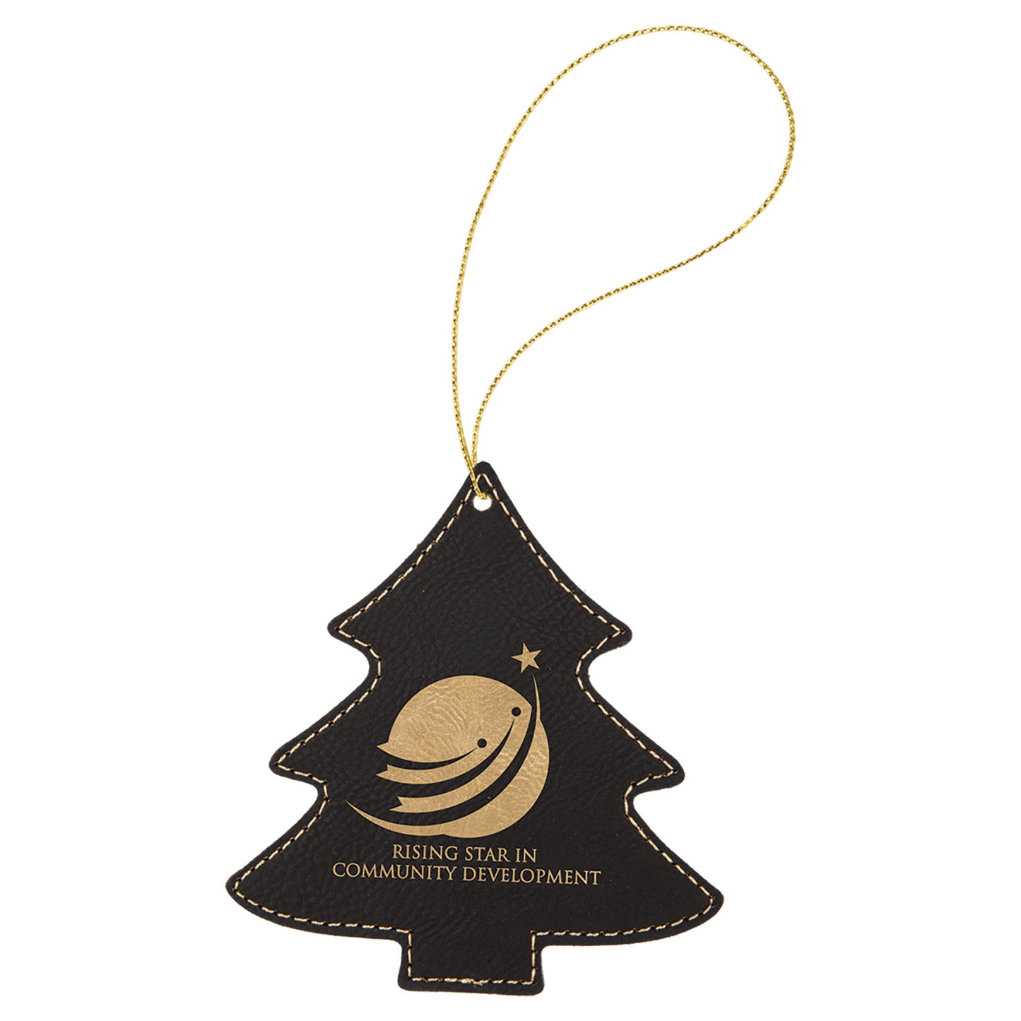 Black and Gold leatherette Christmas tree ornament, 4 by 4.25 inches, with gold hanging string