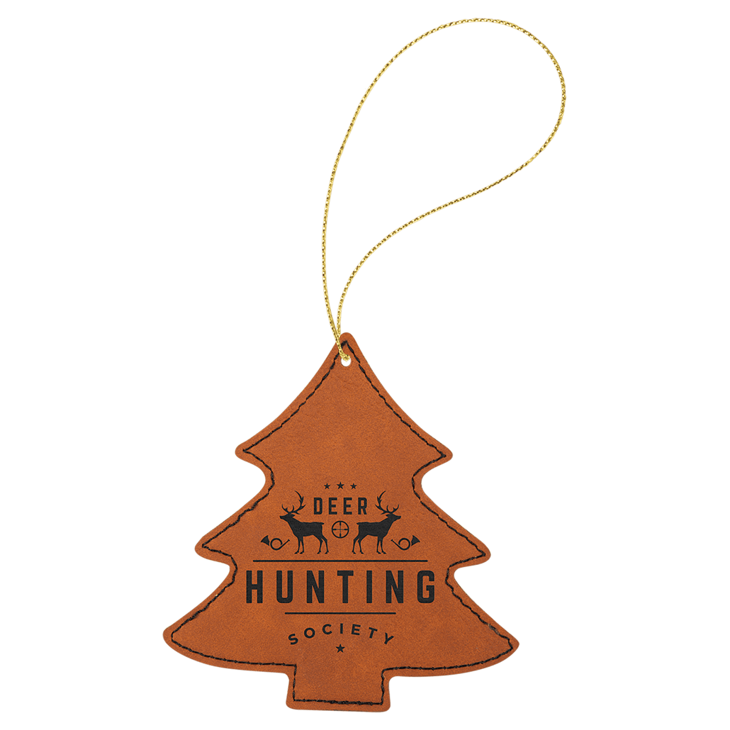 Rawhide leatherette Christmas tree ornament, 4 by 4.25 inches, with gold hanging string