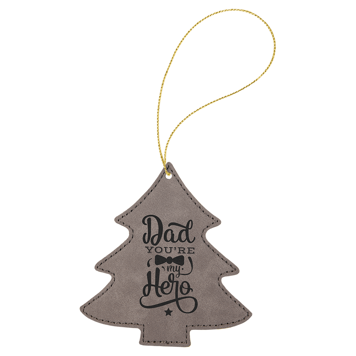 Gray leatherette Christmas tree ornament, 4 by 4.25 inches, with gold hanging string