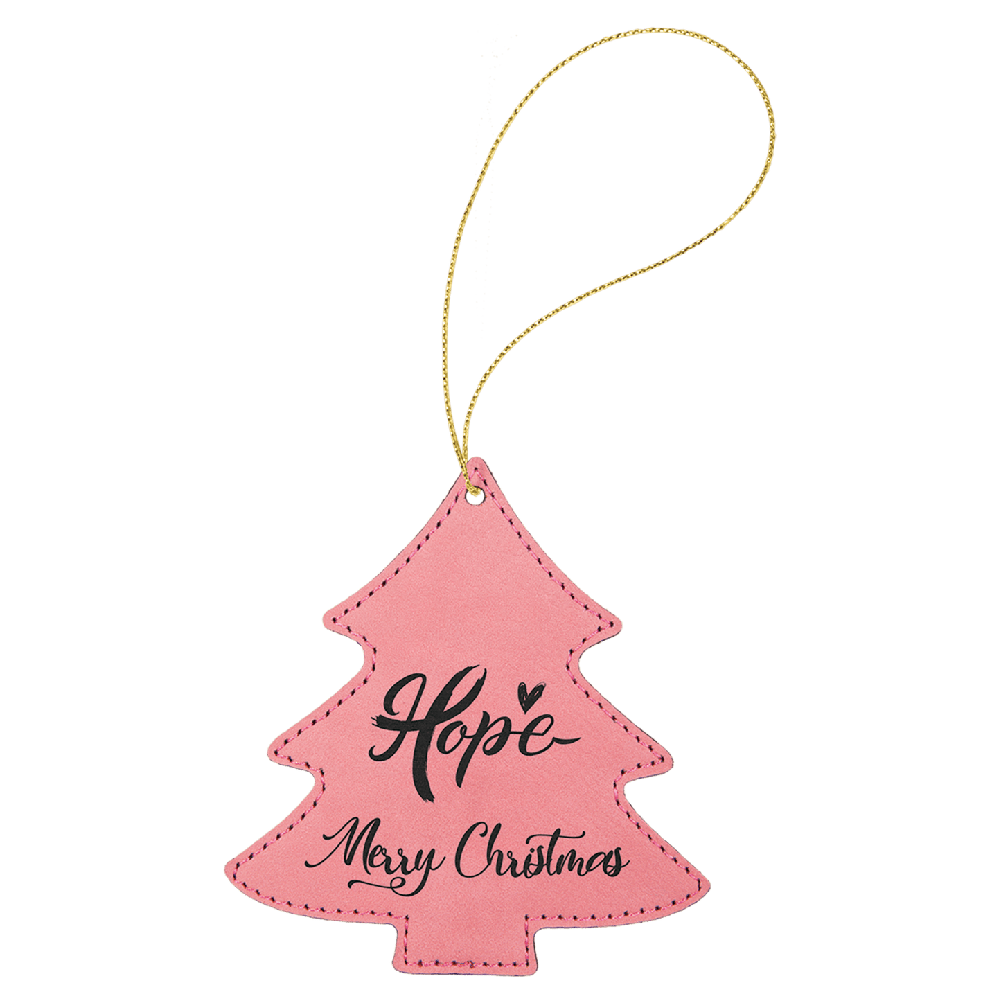 Pink leatherette Christmas tree ornament, 4 by 4.25 inches, with gold hanging string