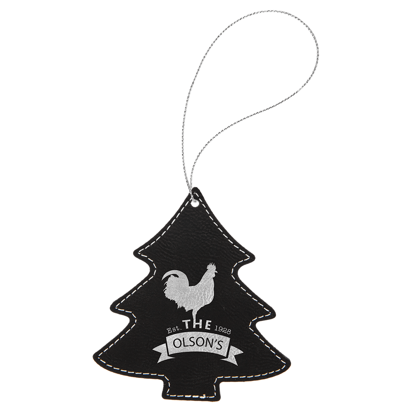 Black and Silver leatherette Christmas tree ornament, 4 by 4.25 inches, with silver hanging string