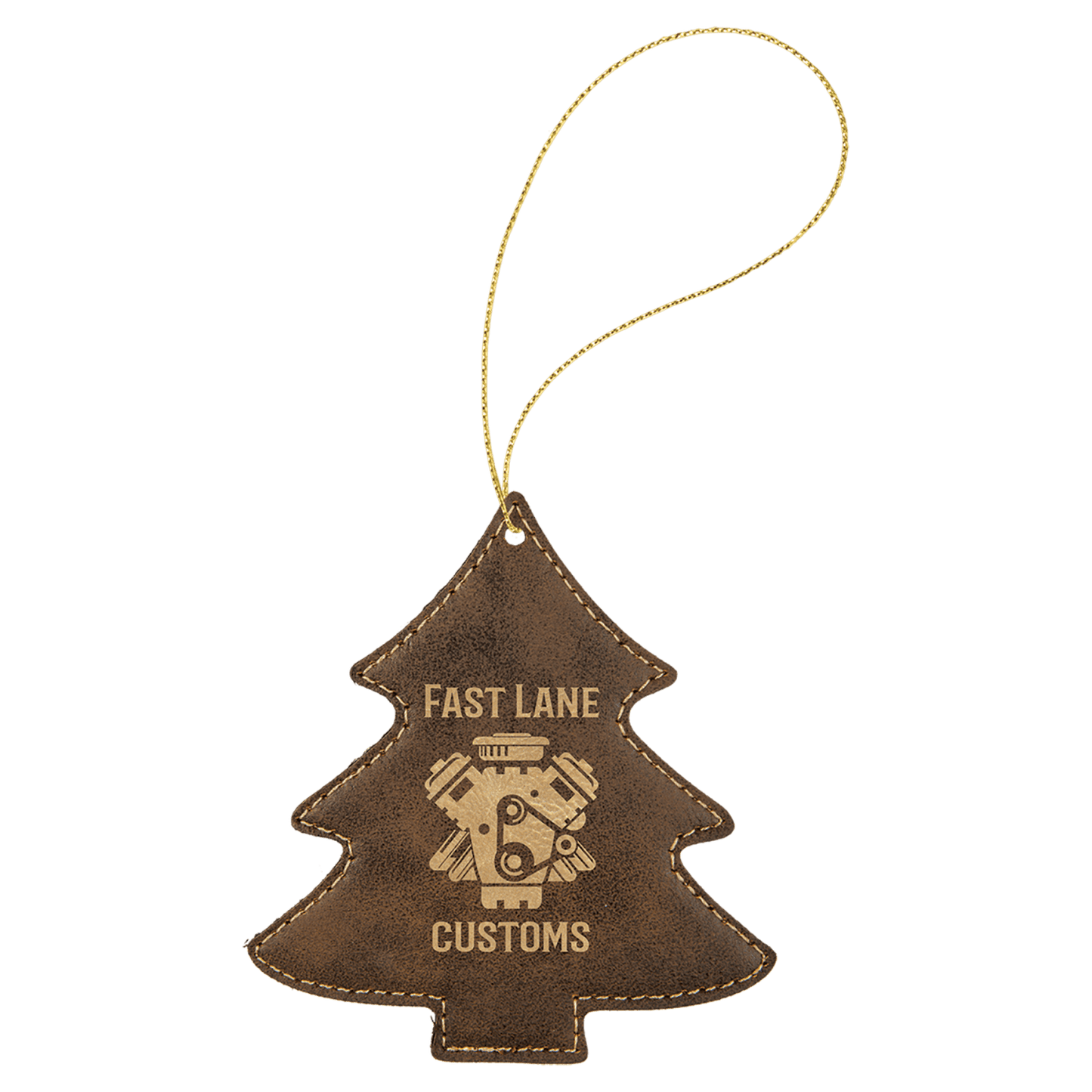 Rustic Gold leatherette Christmas tree ornament, 4 by 4.25 inches, with gold hanging string