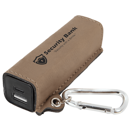 Light Brown Leatherette Power Bank with USB-C Cord & Carabiner
