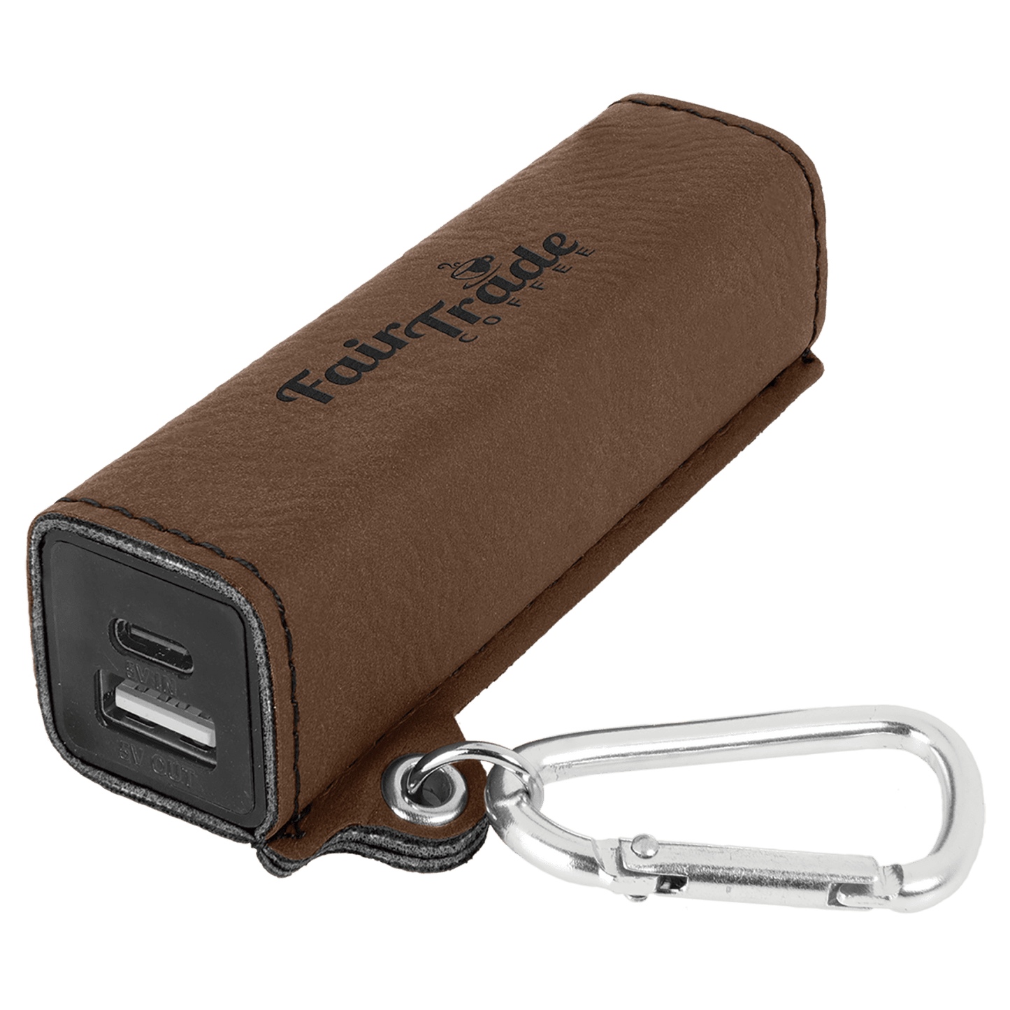 Dark Brown Leatherette Power Bank with USB-C Cord & Carabiner