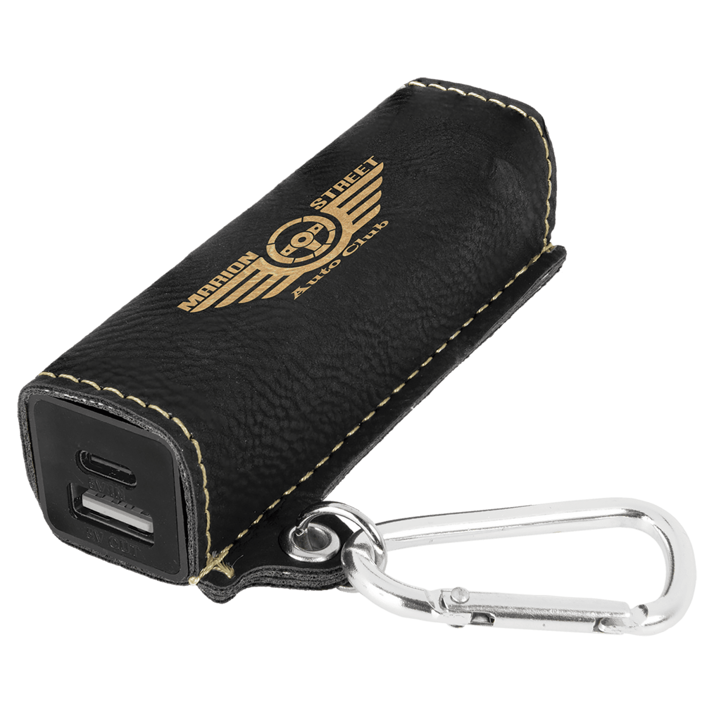 Black/Gold Leatherette Power Bank with USB-C Cord & Carabiner