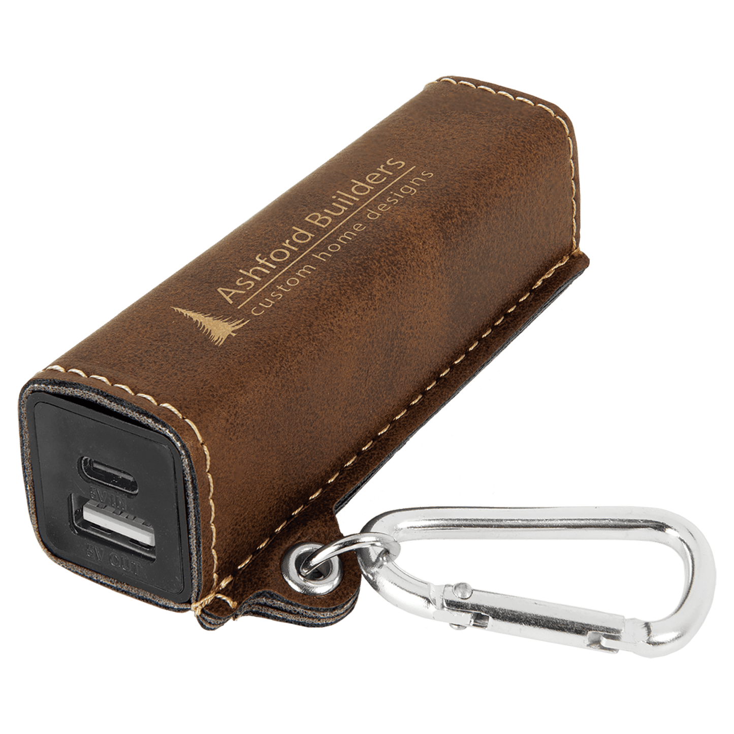 Rustic/Gold Leatherette Power Bank with USB-C Cord & Carabiner