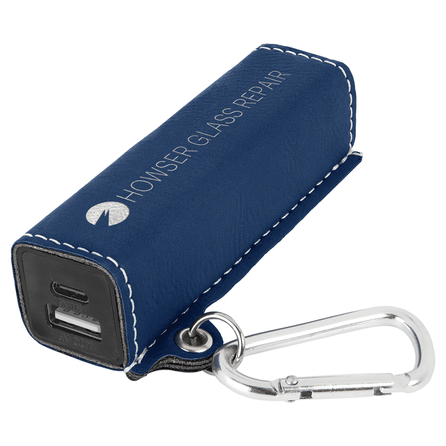 Blue/Silver Leatherette Power Bank with USB-C Cord & Carabiner