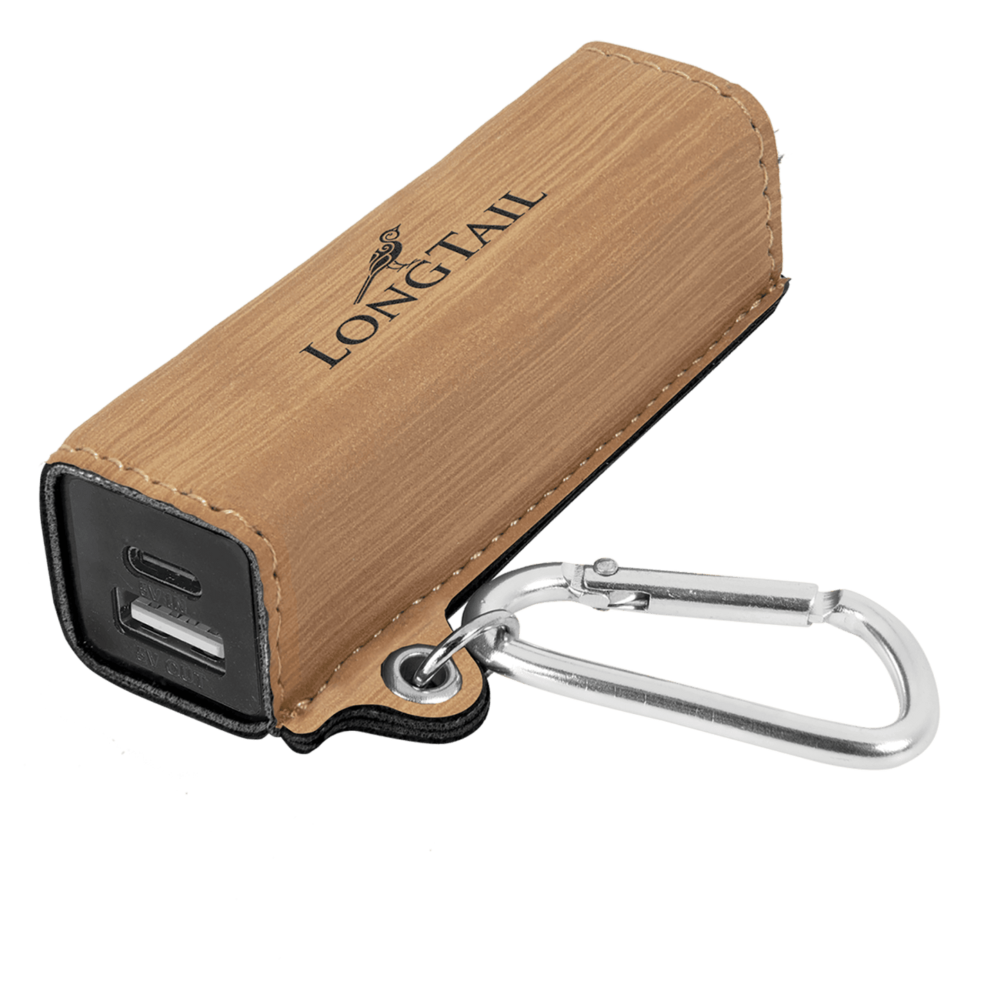 Bamboo Leatherette Power Bank with USB-C Cord & Carabiner