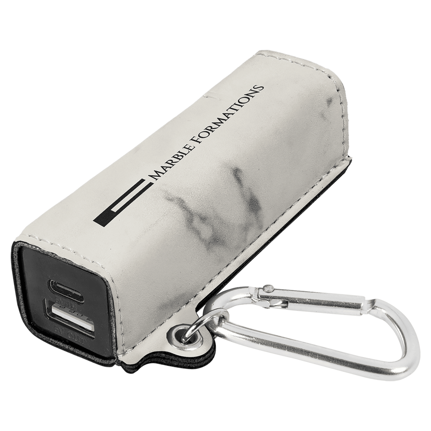 White Marble Leatherette Power Bank with USB-C Cord & Carabiner