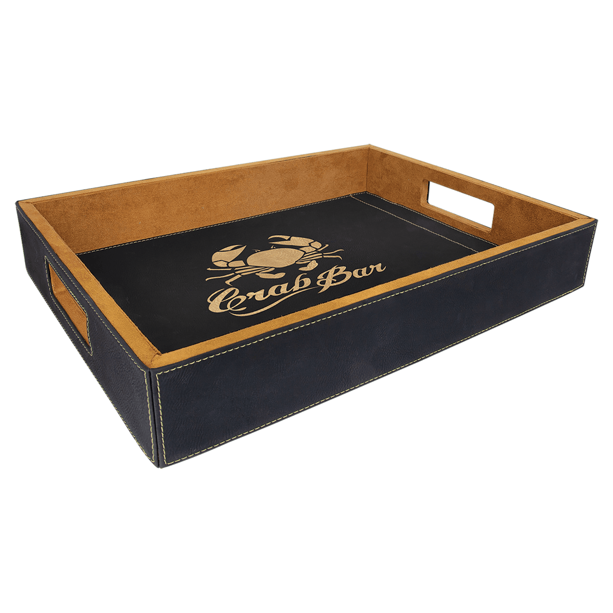 Personalized black/gold leatherette serving tray with handles, 16 x 12 inch