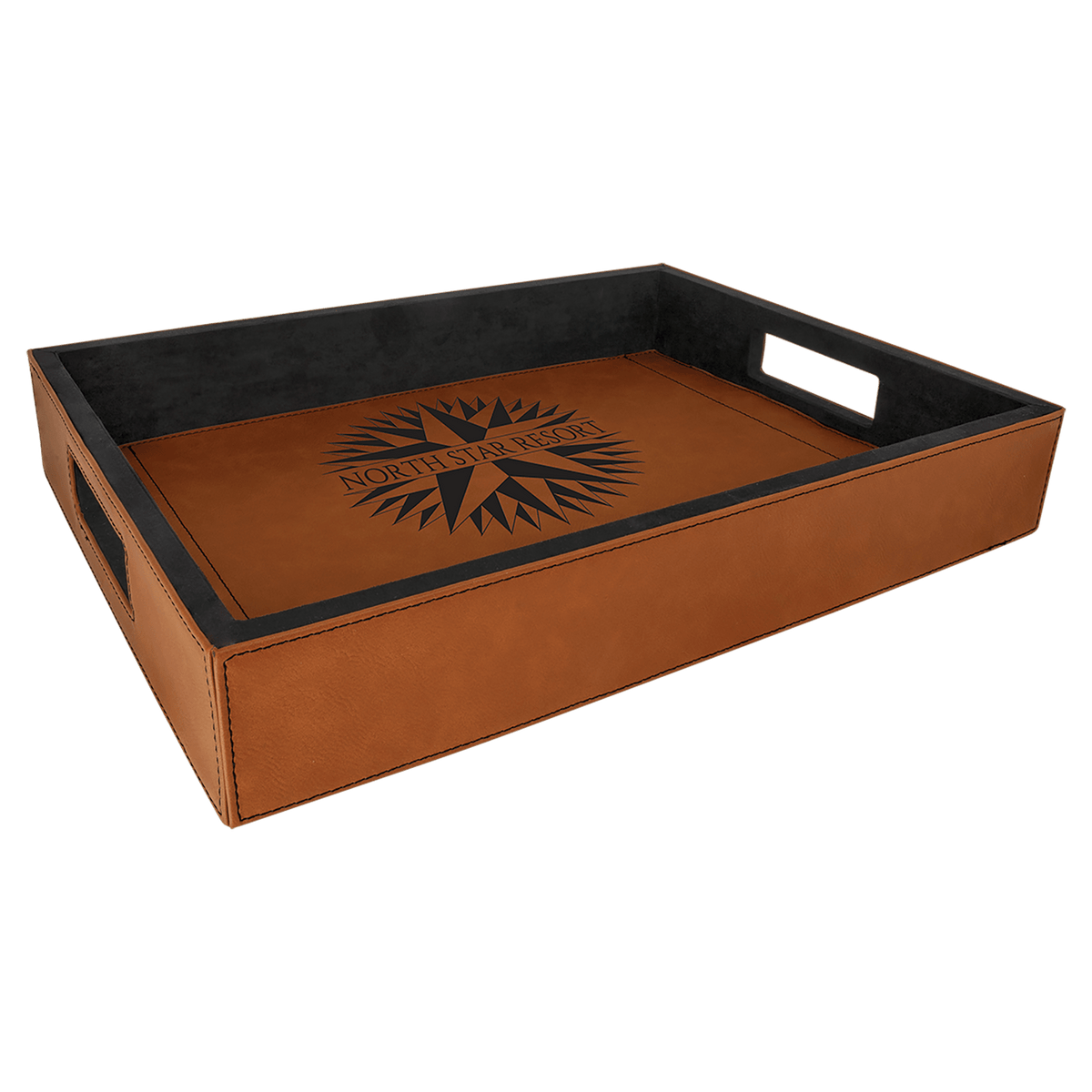 Personalized rawhide leatherette serving tray with handles, 16 x 12 inch