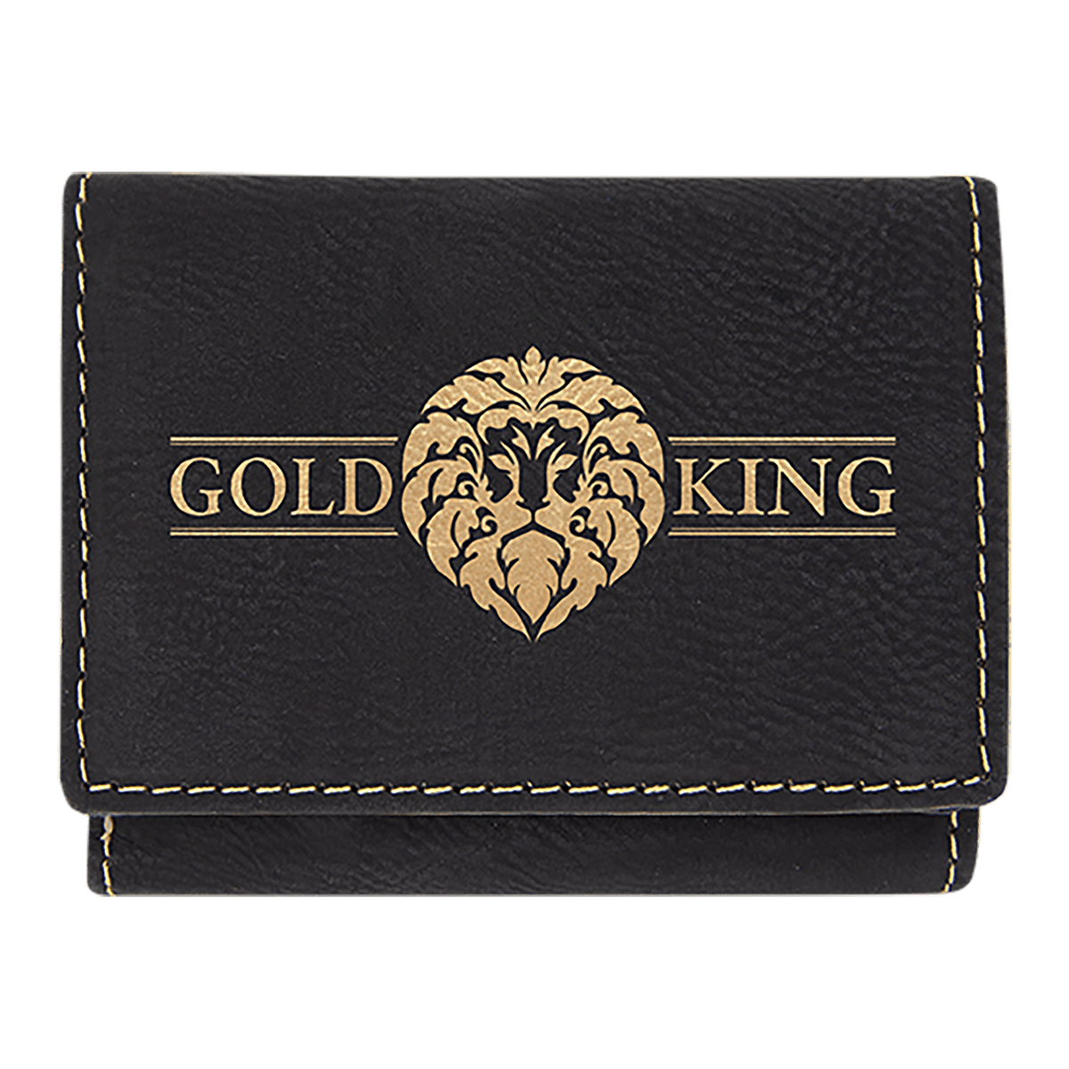 Personalized black/gold leatherette trifold RFID blocking wallet