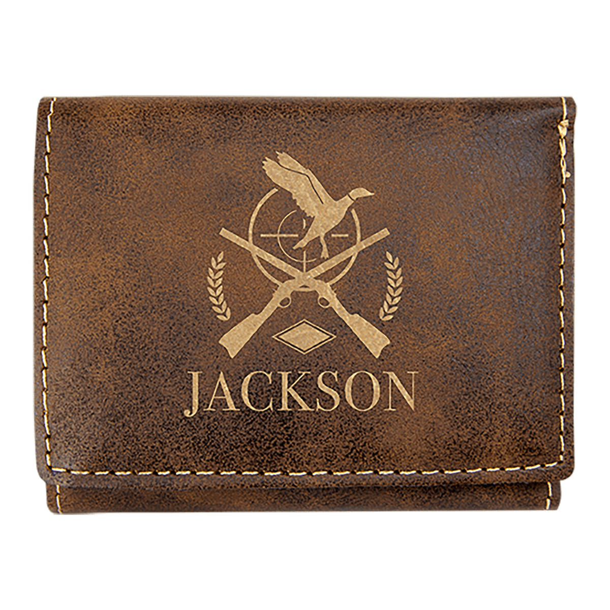 Personalized rustic/gold leatherette trifold RFID blocking wallet