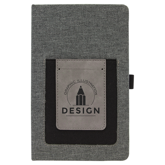 Personalized gray canvas journal with gray/black leatherette phone and card pocket