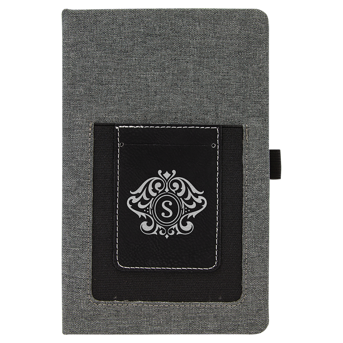 Personalized gray canvas journal with black/silver leatherette phone and card pocket