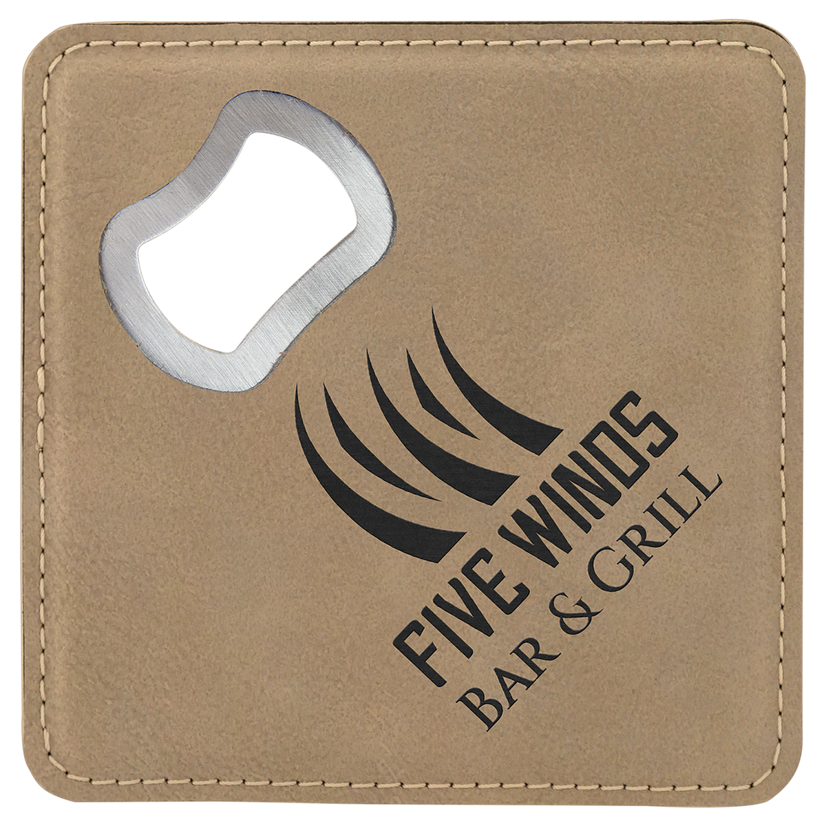 Personalized light brown leatherette coaster with built-in bottle opener