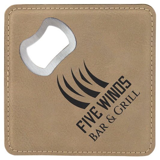 Personalized light brown leatherette coaster with built-in bottle opener