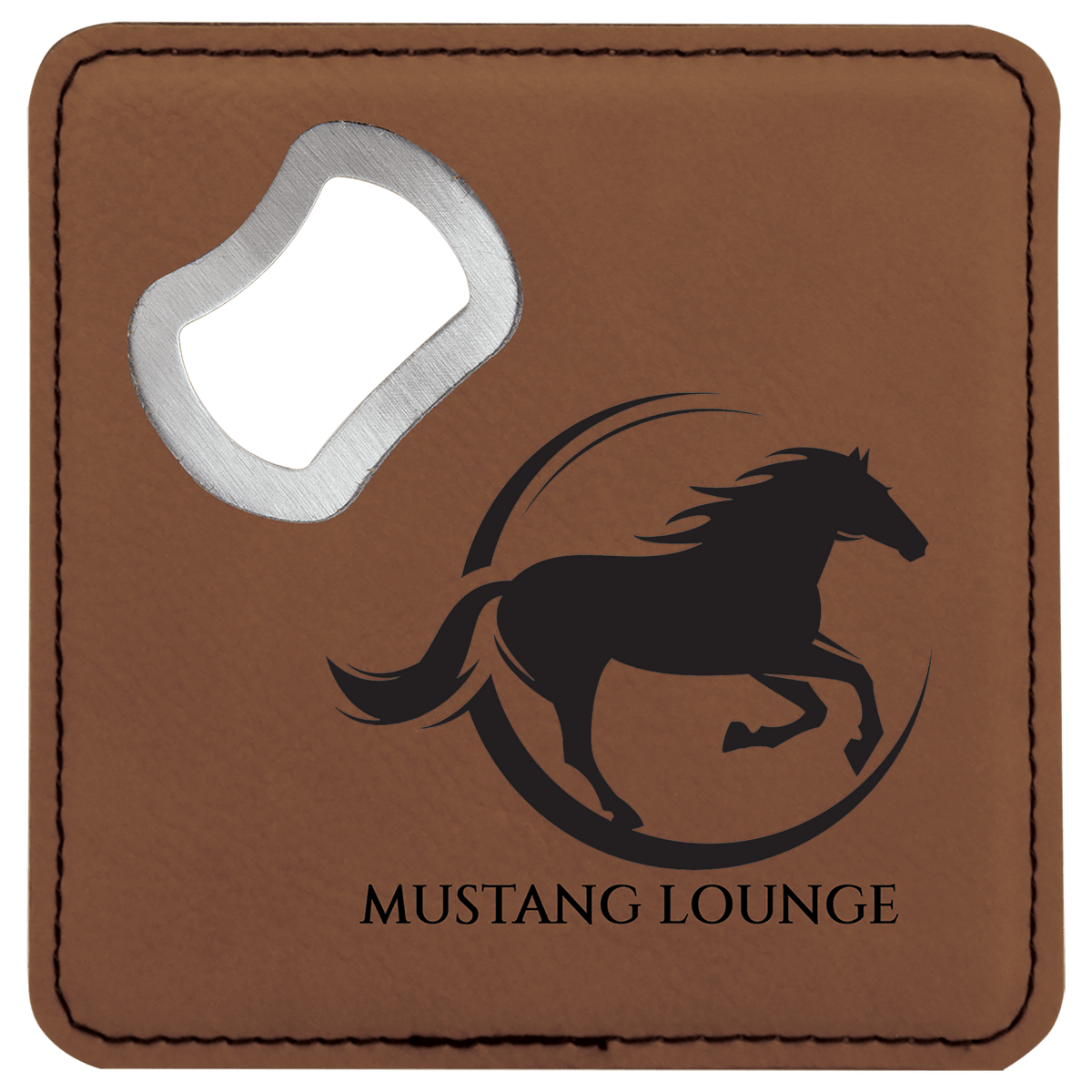 Personalized dark brown leatherette coaster with built-in bottle opener