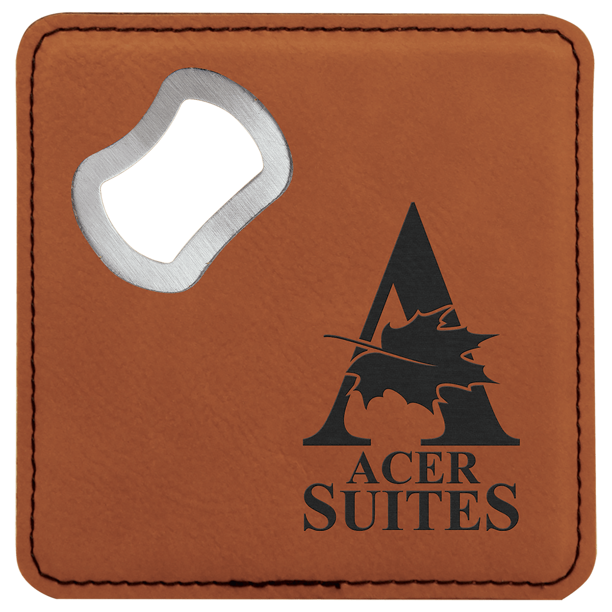 Personalized rawhide leatherette coaster with built-in bottle opener