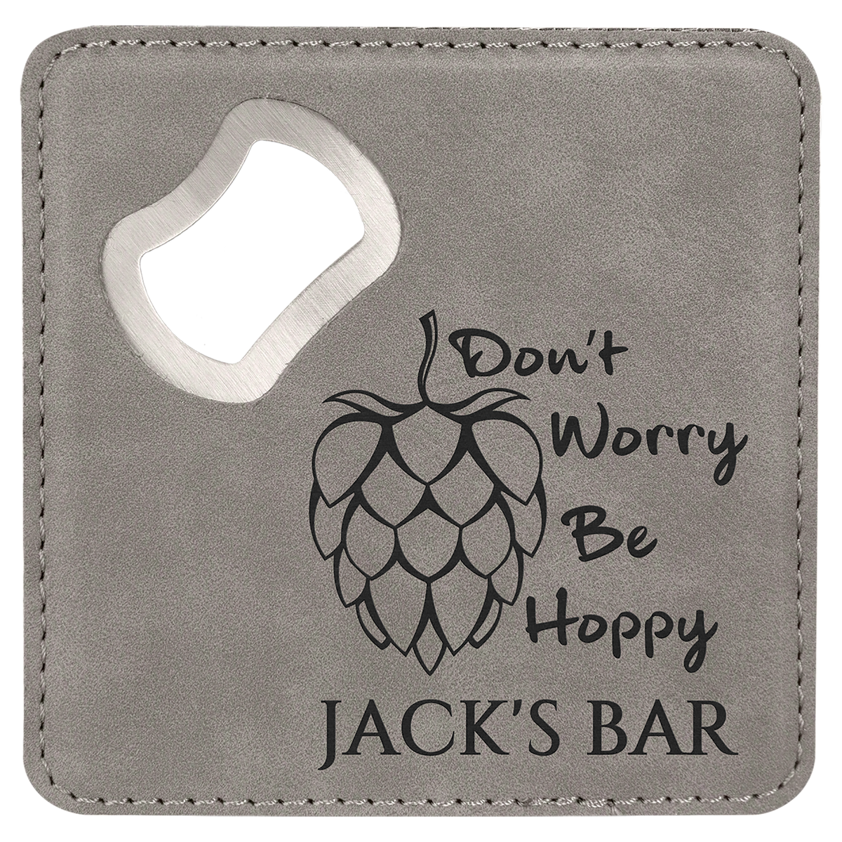 Personalized gray leatherette coaster with built-in bottle opener