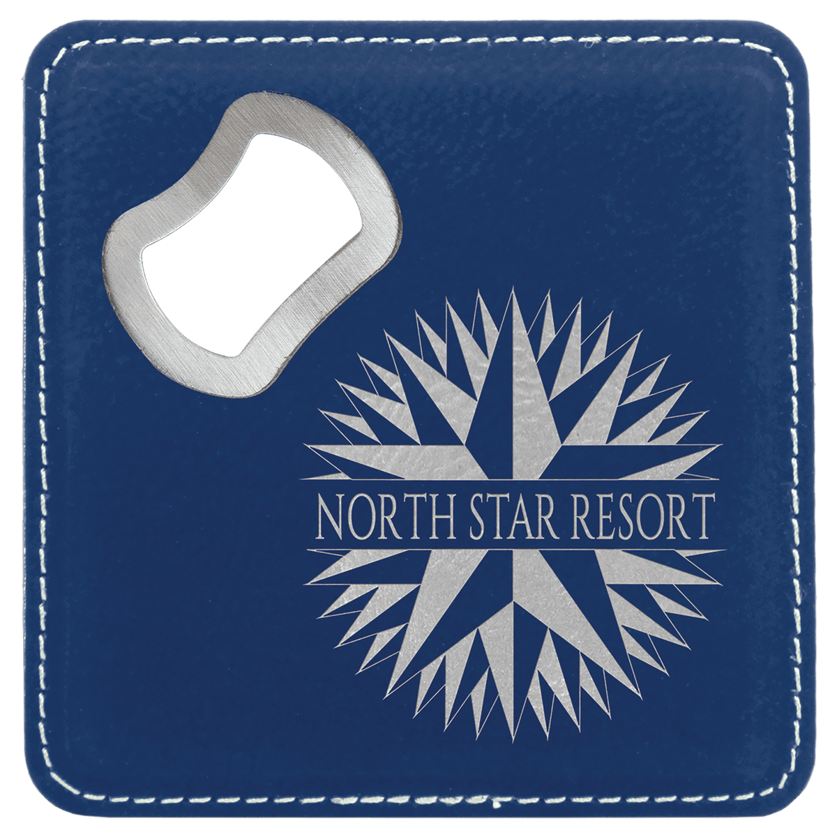 Personalized blue/silver leatherette coaster with built-in bottle opener