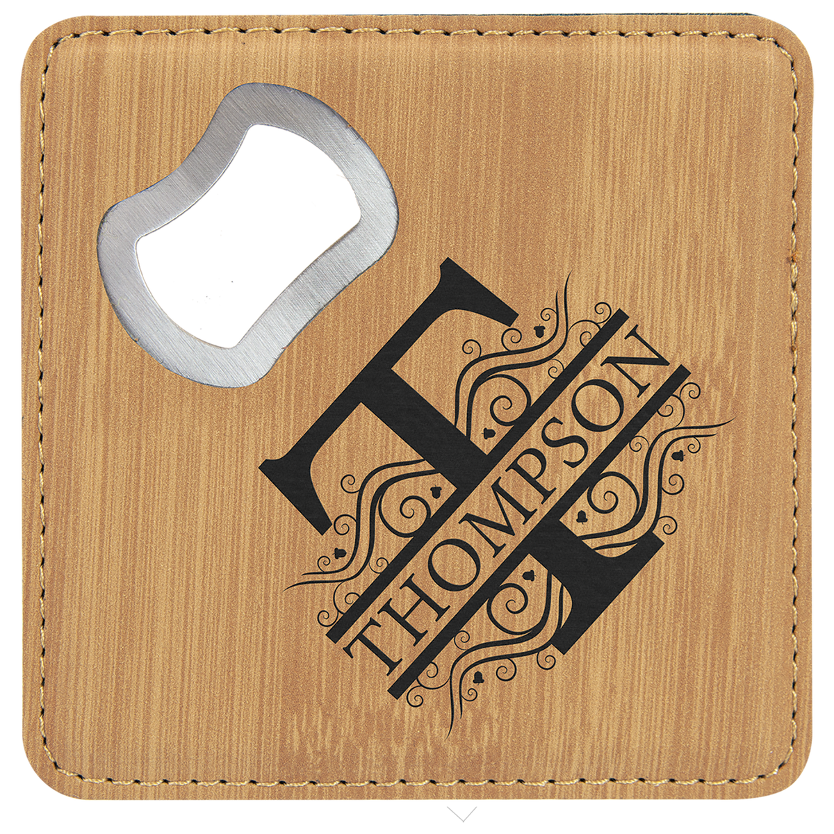 Personalized bamboo leatherette coaster with built-in bottle opener