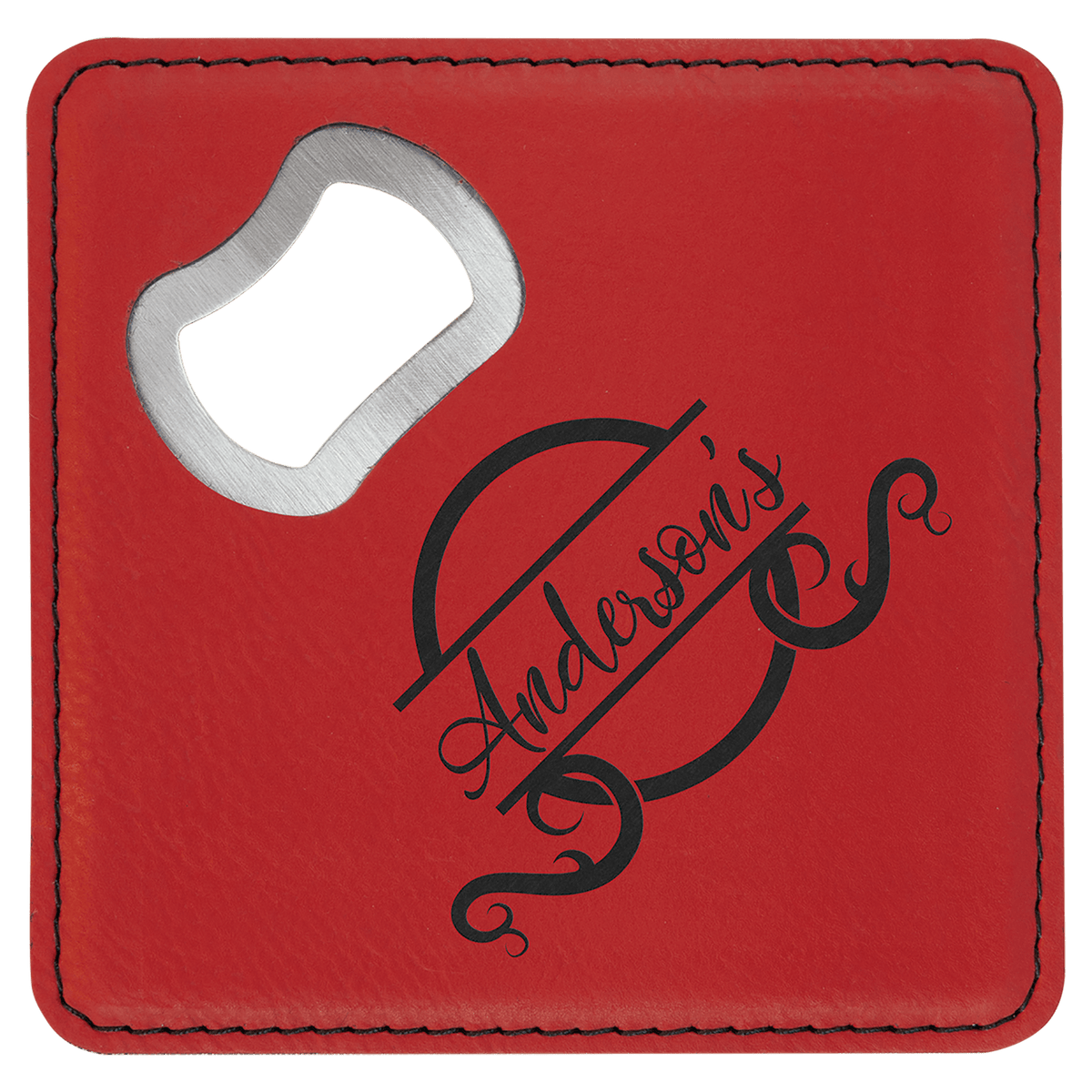 Personalized red leatherette coaster with built-in bottle opener