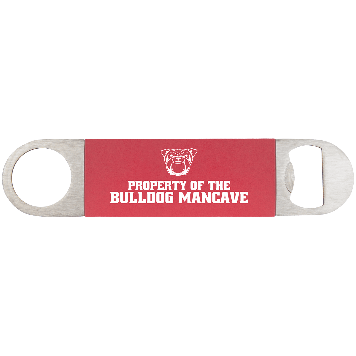 Personalized 7 inch bottle opener with red silicone grip