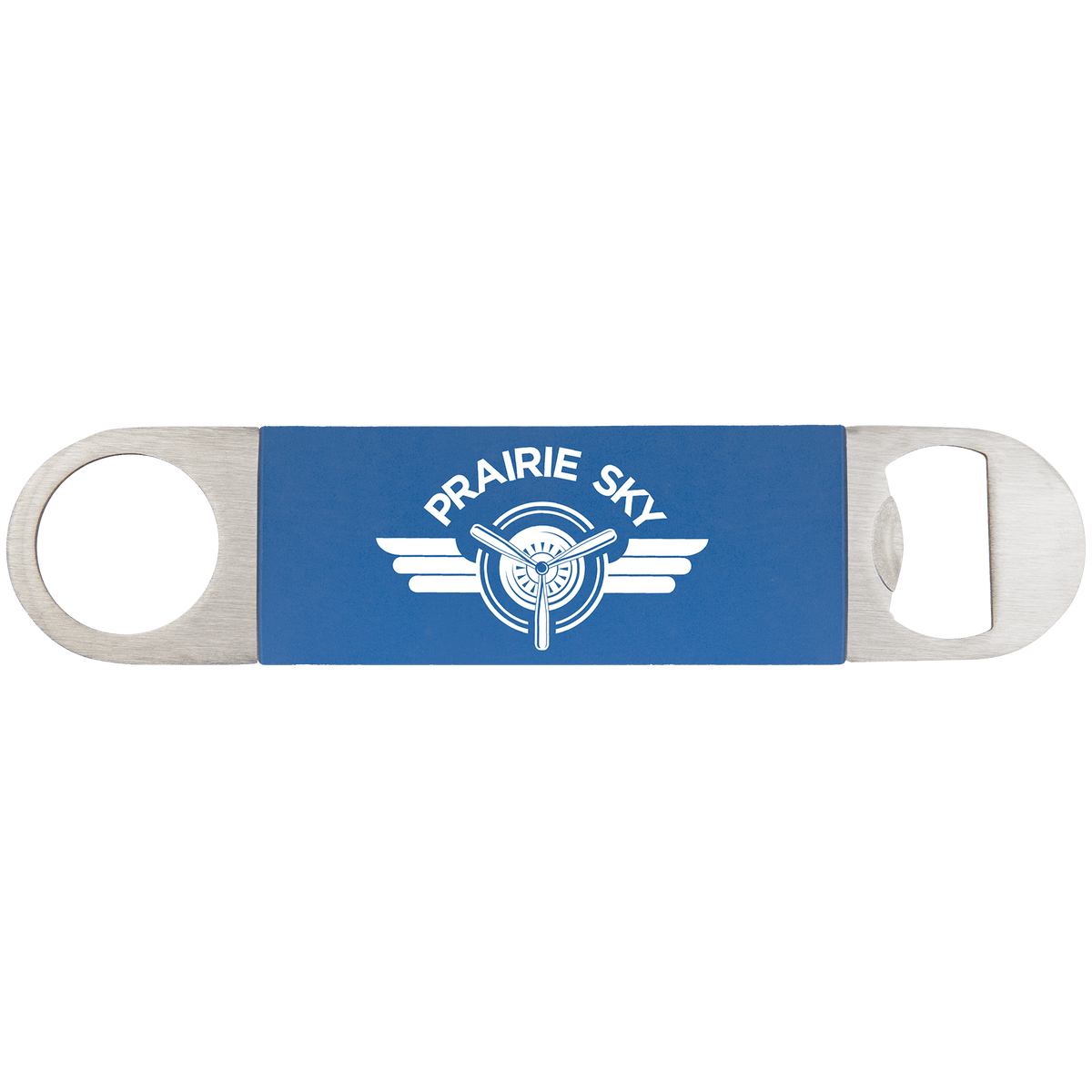 Personalized 7 inch bottle opener with blue silicone grip