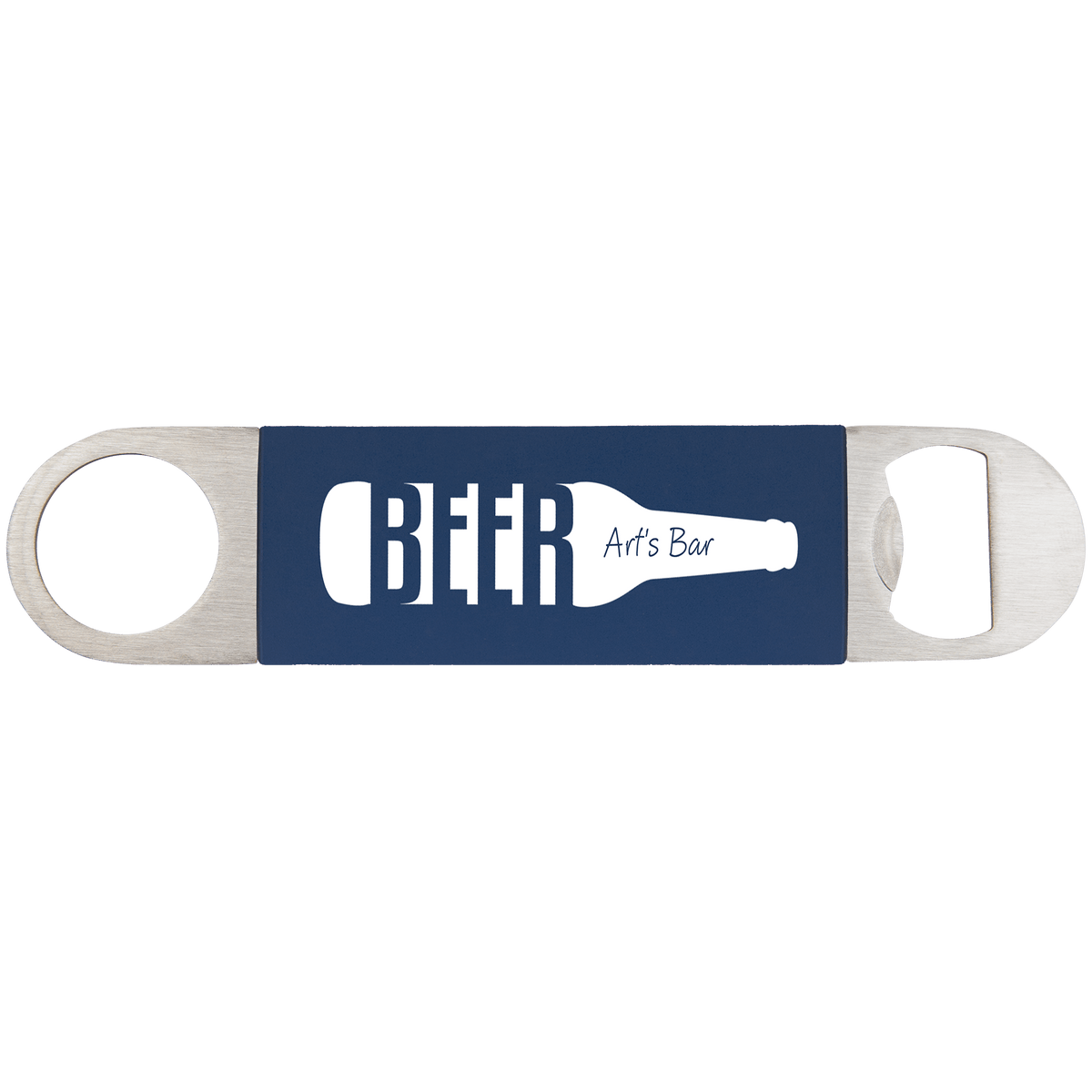 Personalized 7 inch bottle opener with navy blue silicone grip