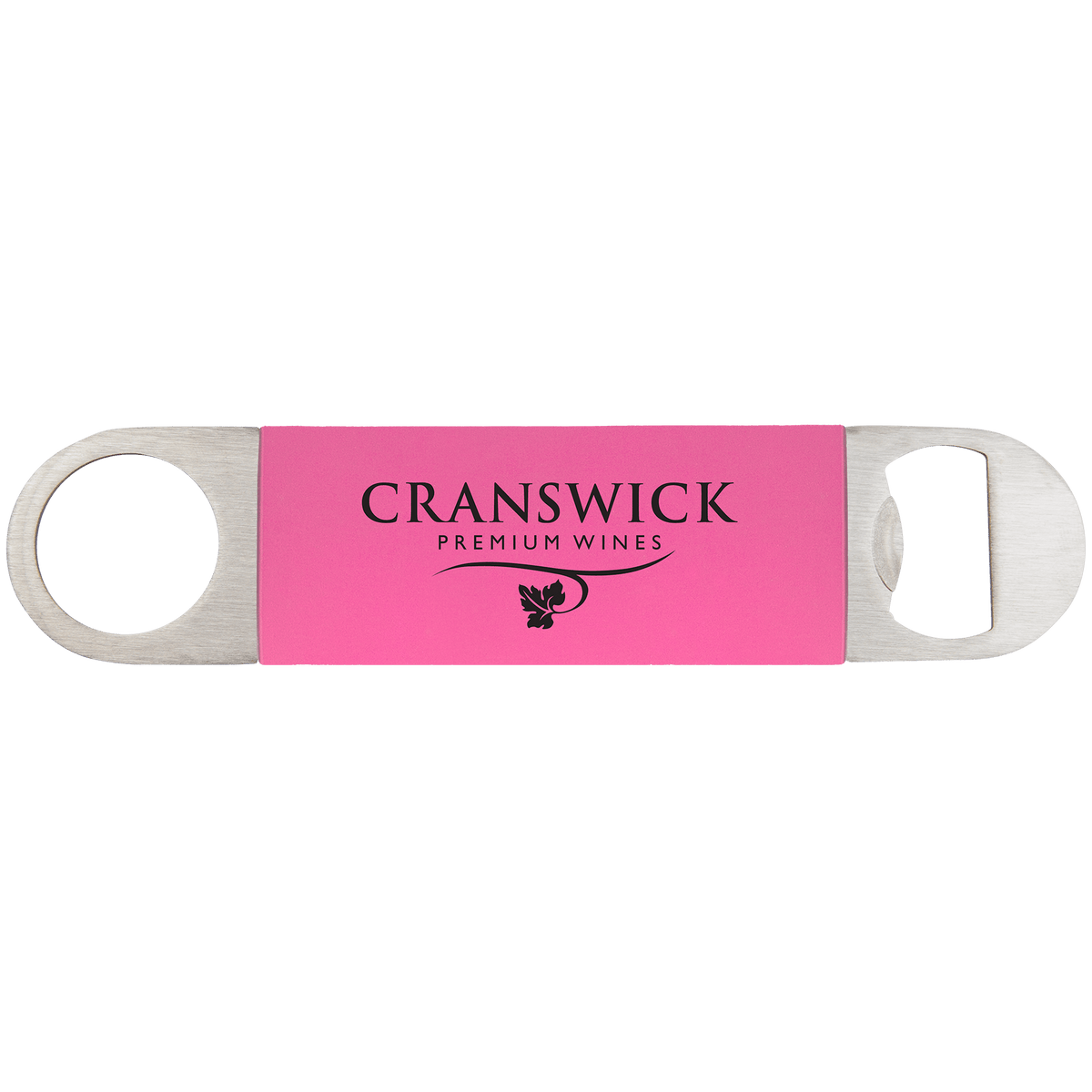 Personalized 7 inch bottle opener with pink silicone grip