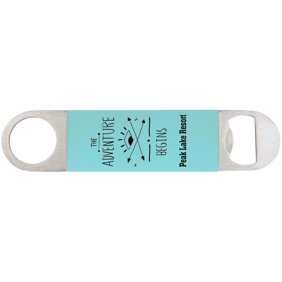 Personalized 7 inch bottle opener with teal silicone grip