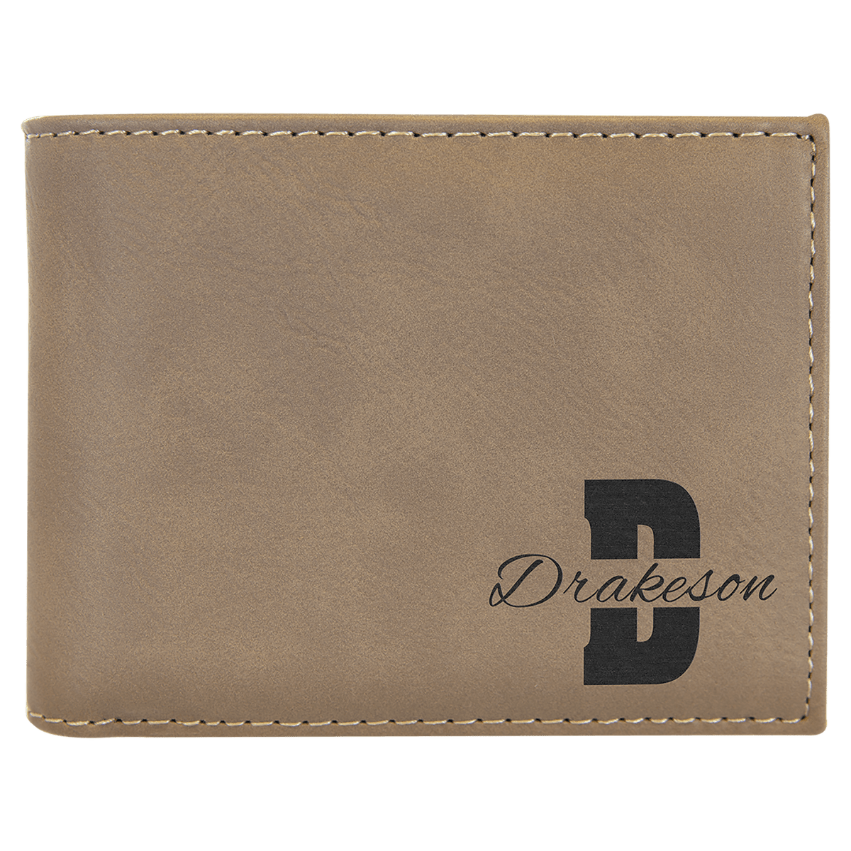 Personalized light brown leatherette bifold wallet with flip ID window