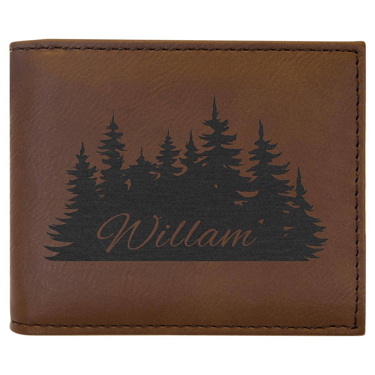 Personalized dark brown leatherette bifold wallet with flip ID window