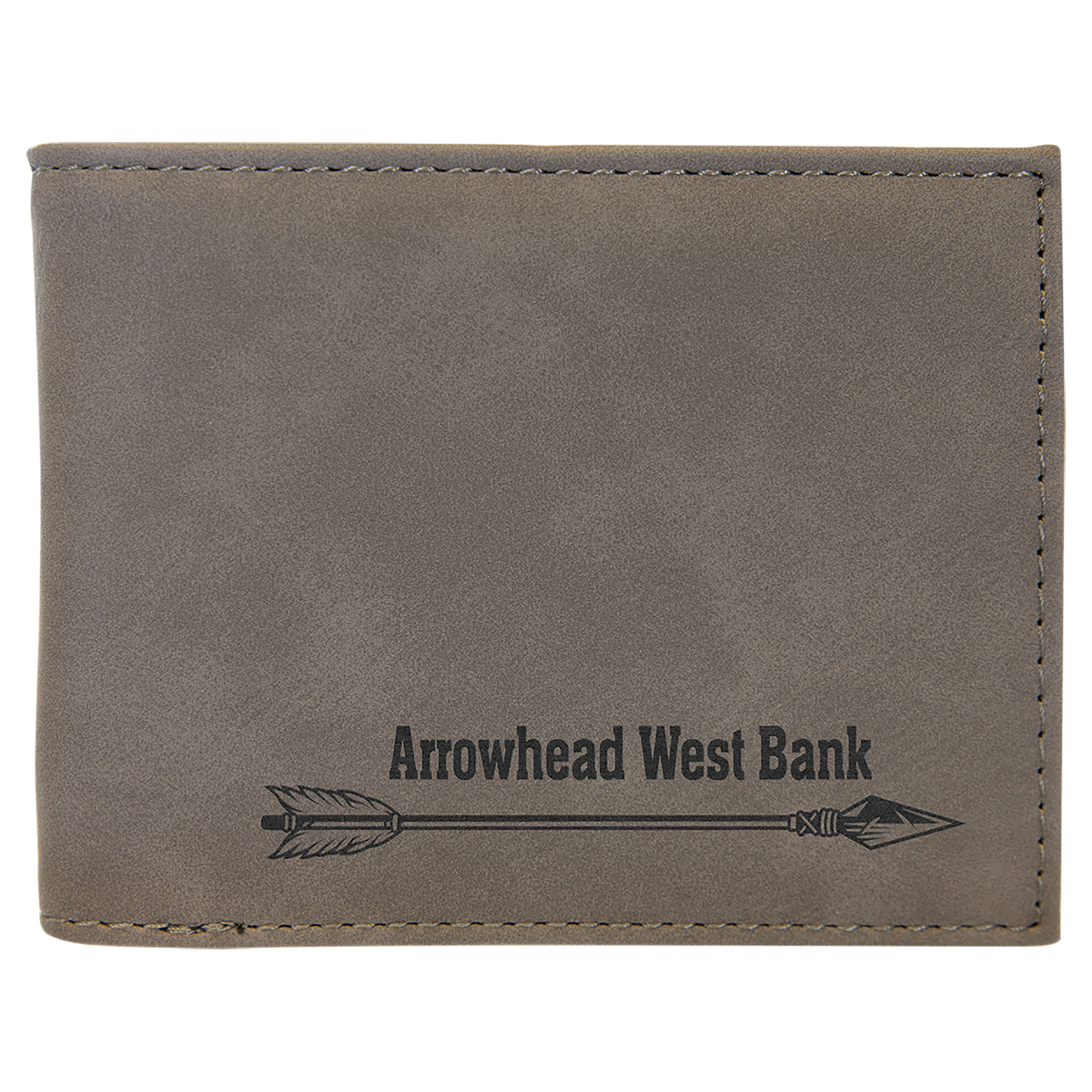 Personalized gray leatherette bifold wallet with flip ID window