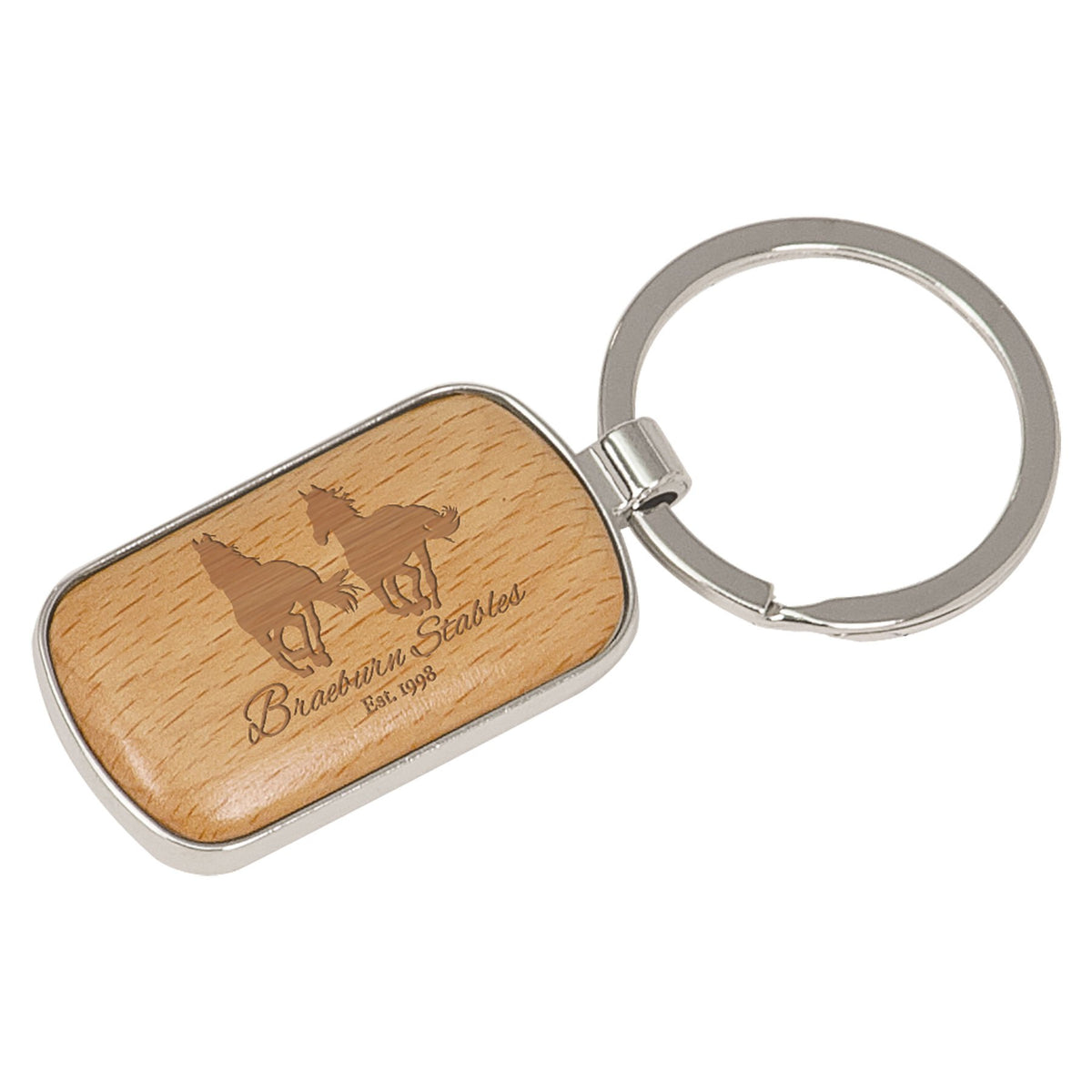 Personalized silver and wood rounded rectangle keychain