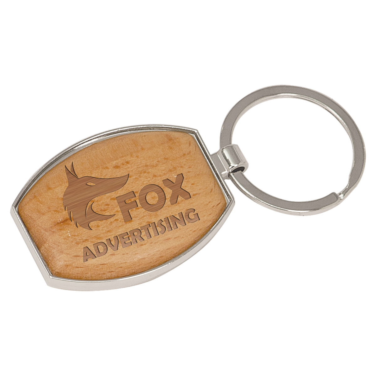 Personalized silver and wood oval keychain