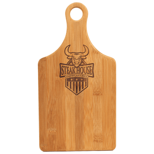 Personalized bamboo paddle cutting board, 13½ x 7 inches, custom engraved