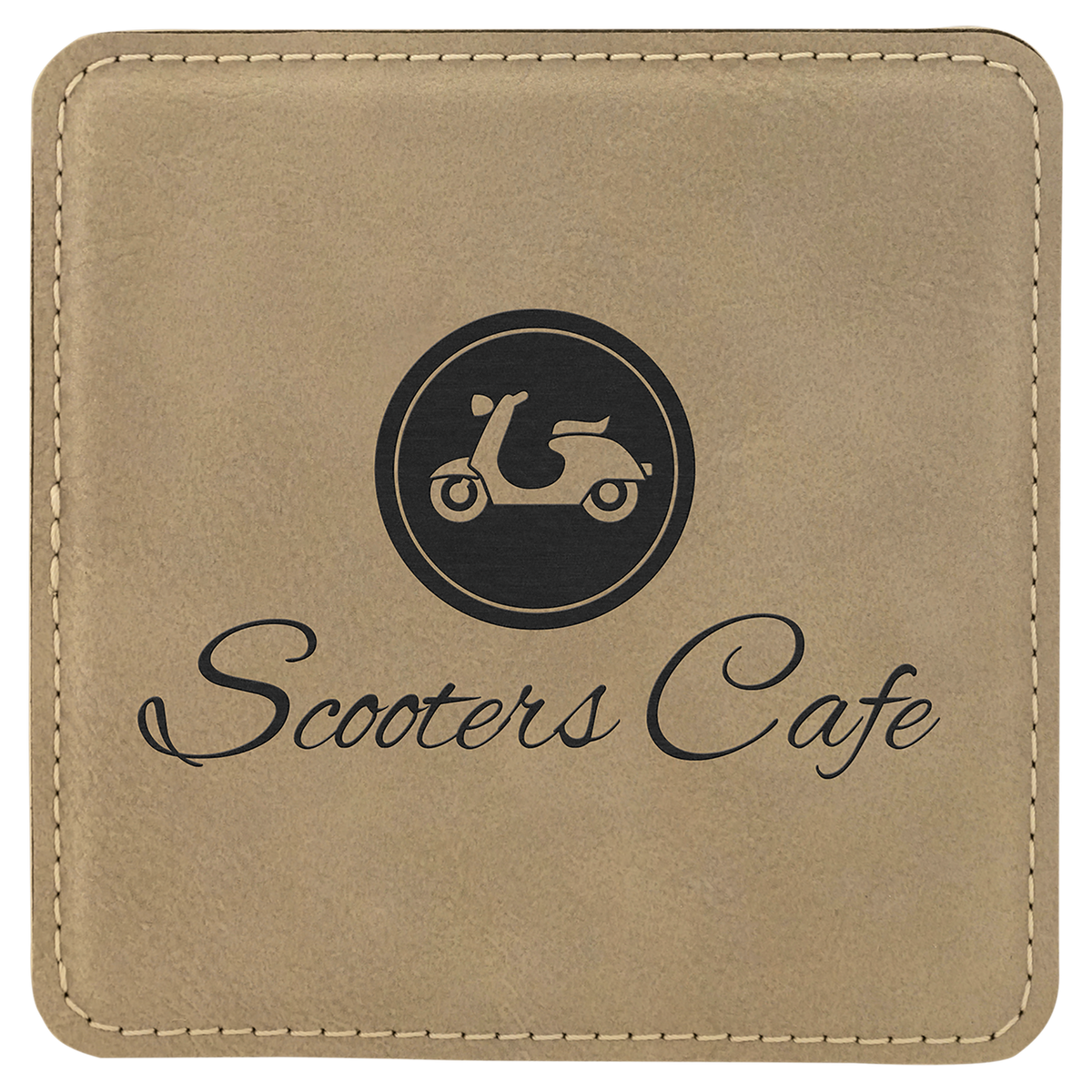 Personalized 4 inch square light brown leatherette coaster