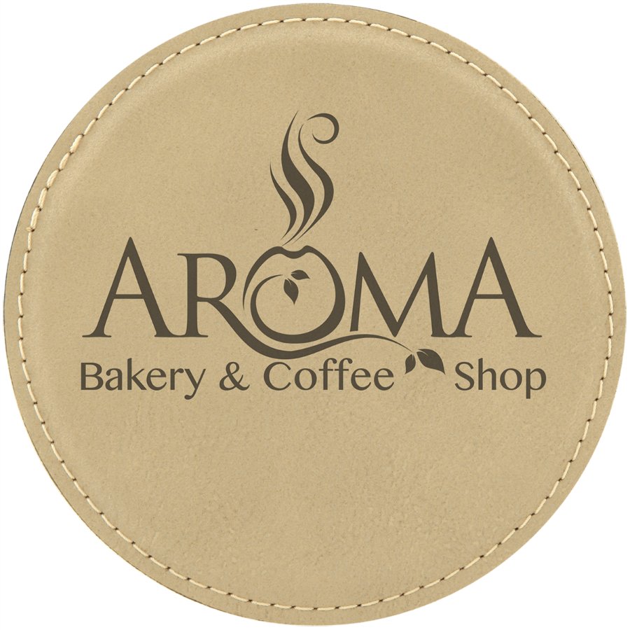 Personalized 4 inch round light brown leatherette coaster