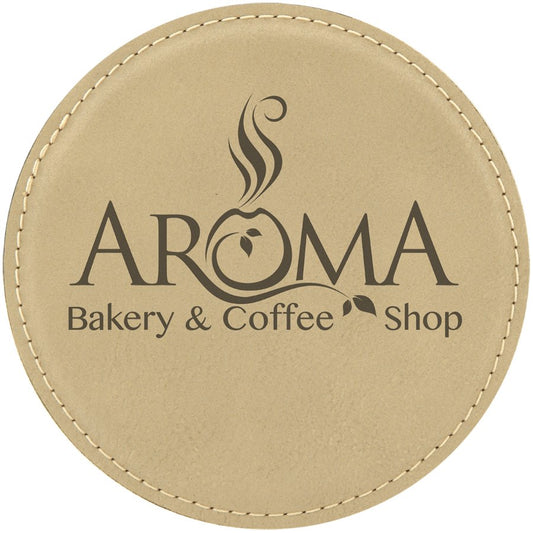 Personalized 4 inch round light brown leatherette coaster