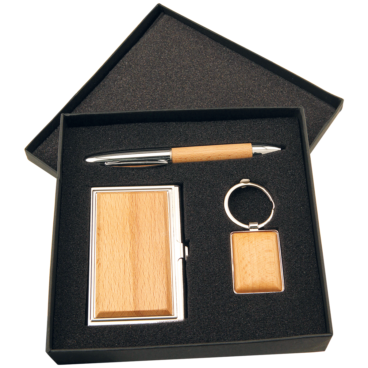 Personalized silver and wood gift set with business card case, pen and keychain